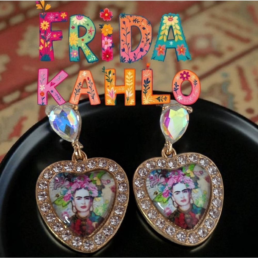 Frida Kahlo Gold Tone Heart Earrings with Crystal Accents